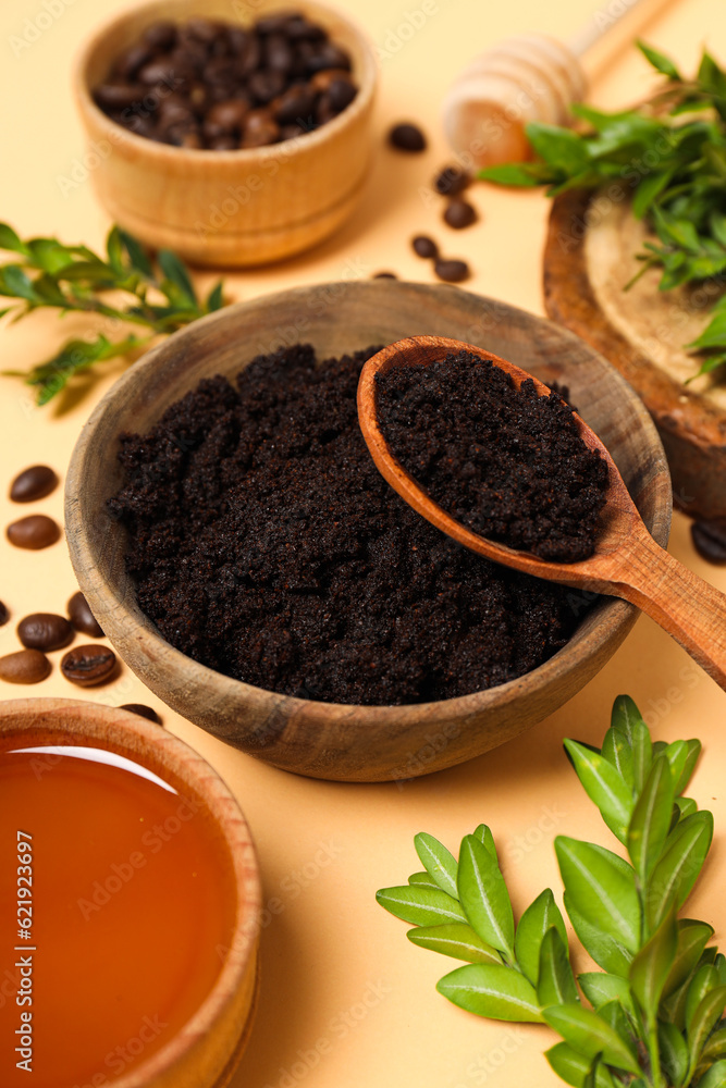 Concept of skin and face care, coffee scrub Concept of skin and face care, coffee scrub