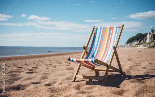 An orange and white striped lawn chair on a beach. AI © Umar