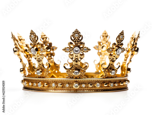 A king crown made of gold isolated on plain background. Decorated with precious stones. It is a symbol of the fame of a kingdom.