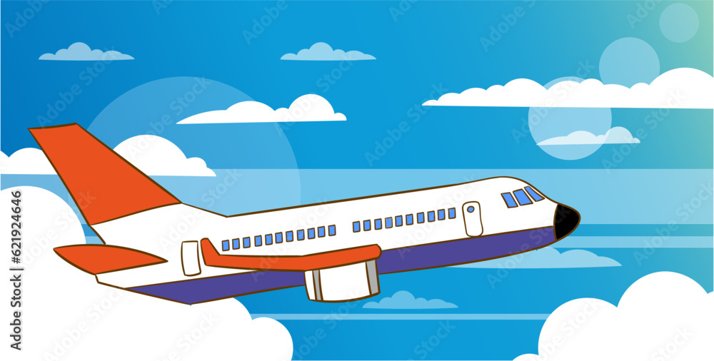 Airplane in sky. Flying civil aircraft transport in clouds vector flat background. Plane fly sin sky clouds, airplane flight transportation illustration