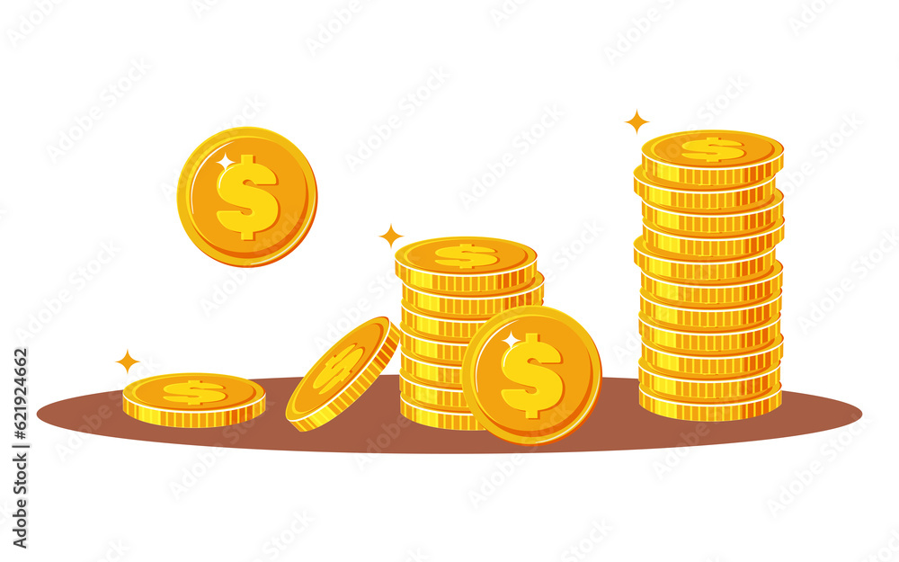 Gold coins of dollars. Treasure on a white background. Stack of coins. Gold coins of dollars. Treasure on a white background. Stack of coins.