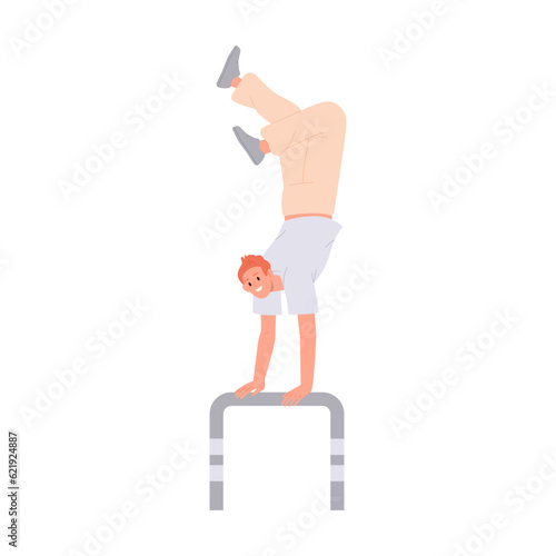 Brave sporty happy smiling teenager cartoon character making extreme somersault isolated on white