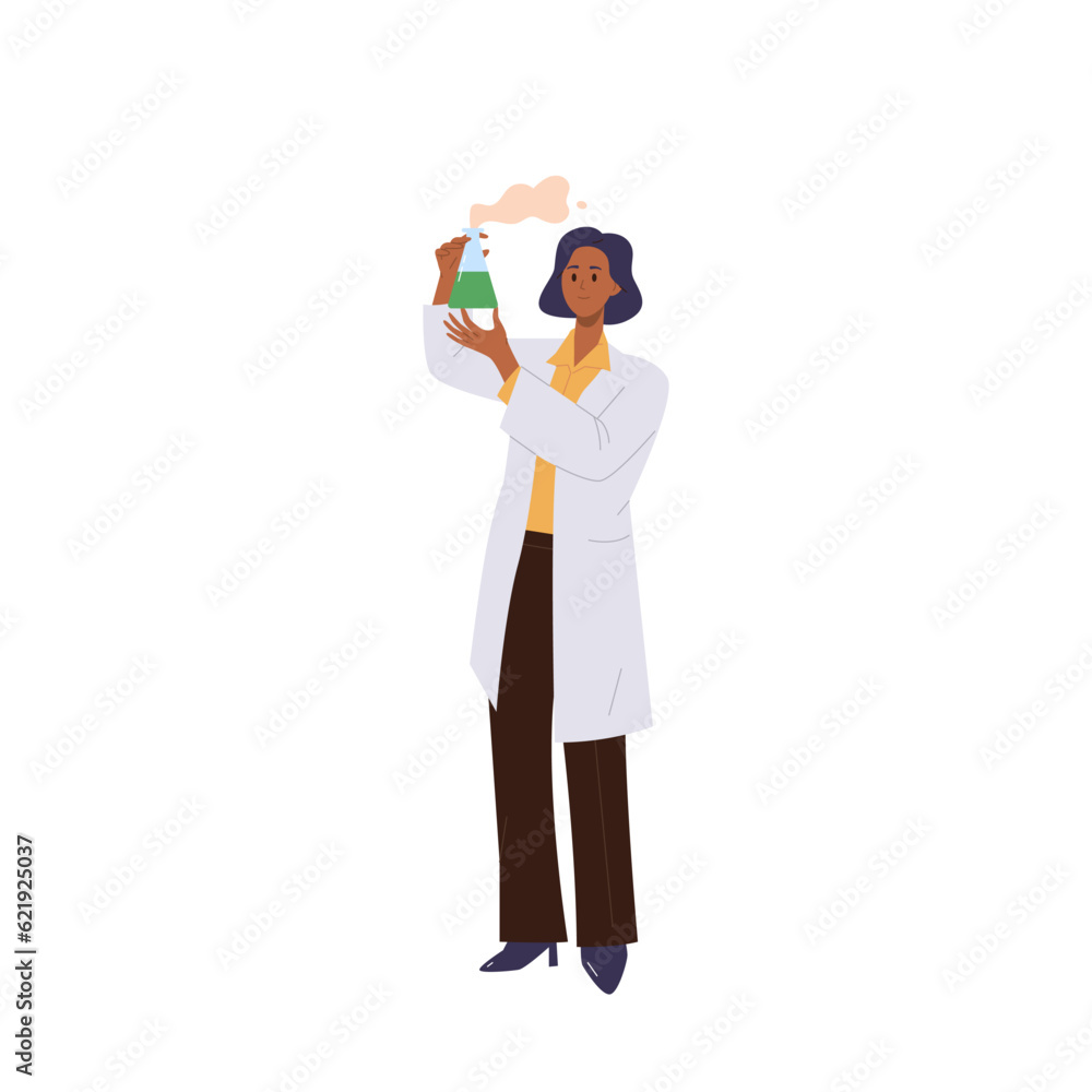Woman chemistry teacher cartoon character wearing lab coat showing chemical experiment in flask