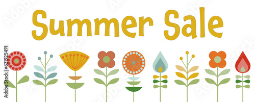 Summer Sale - Schriftzug in englischer Sprache - Sommerschlussverkauf. Verkaufsbanner mit Blumen im Retrodesign.