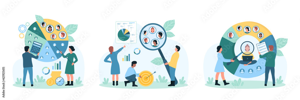 Audience segmentation and analysis set vector illustration. Cartoon tiny people research human resources for brand positioning, divide different potential customers into focus group pie chart - obrazy, fototapety, plakaty 