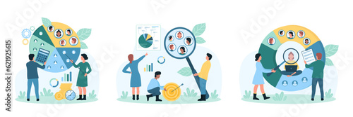 Audience segmentation and analysis set vector illustration. Cartoon tiny people research human resources for brand positioning, divide different potential customers into focus group pie chart