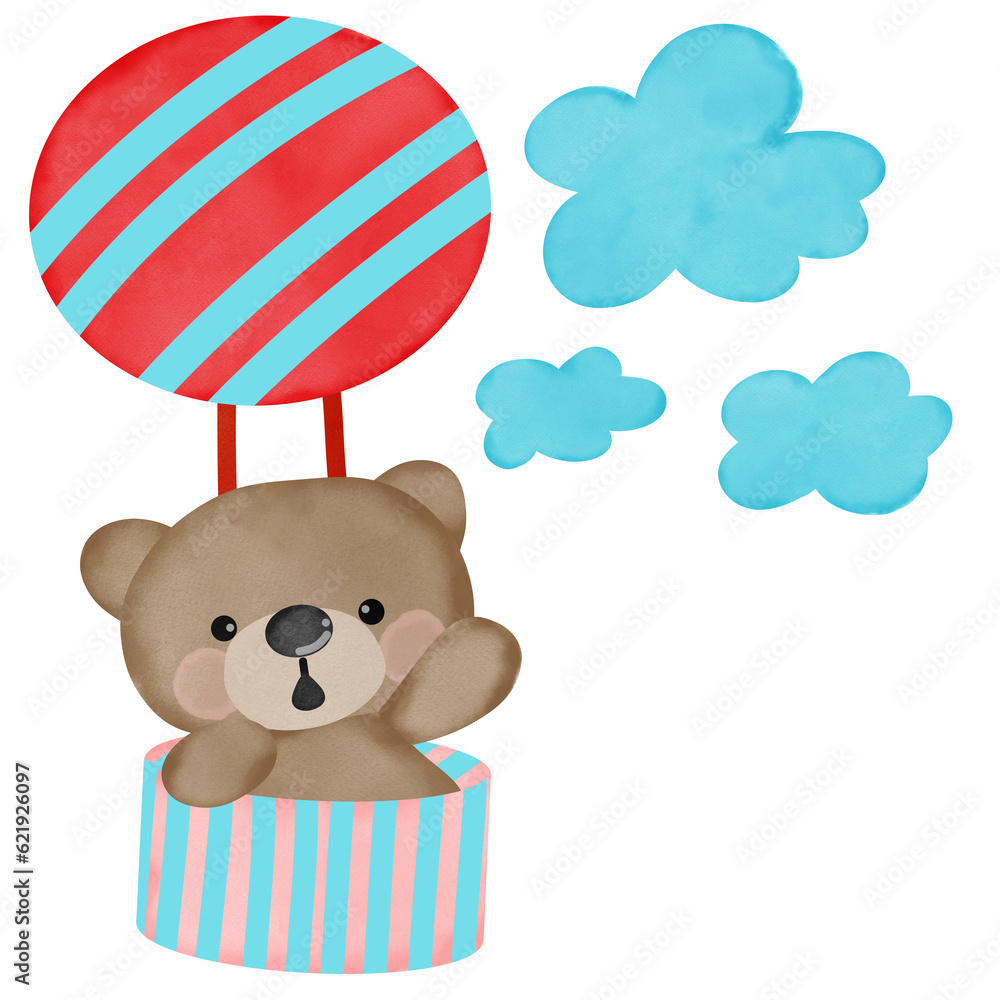 Brown bear in colorful balloon.Creative with illustration in flat design,watercolor.