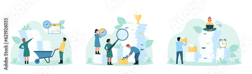 Office bureaucracy set vector illustration. Cartoon tiny people holding magnifying glass to research lot of information and wheelbarrow full of paper documents, sorting unorganized stacks and heap