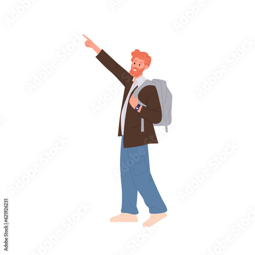 Hipster man traveler backpacker character pointing hand upwards isolated on white background