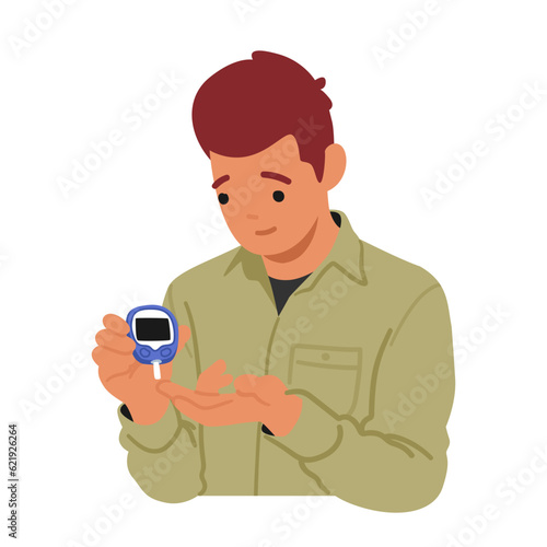 Male Character Using Glucometer, Checking Blood Sugar Level. Young Man Control Diabetes, Vector Illustration