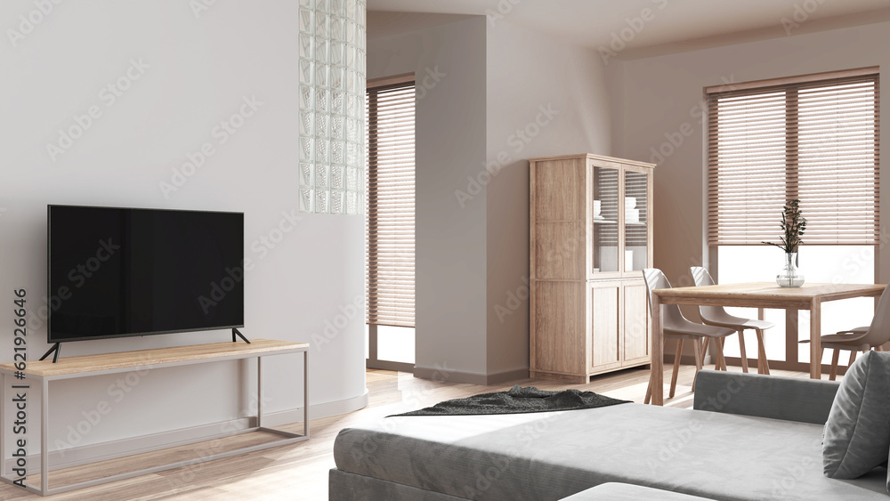 Fototapeta premium Bleached wooden minimal dining and living room in white tones. Velvet sofa, table with chairs, glass block wall. Cabinets and tv stand. Japandi interior design