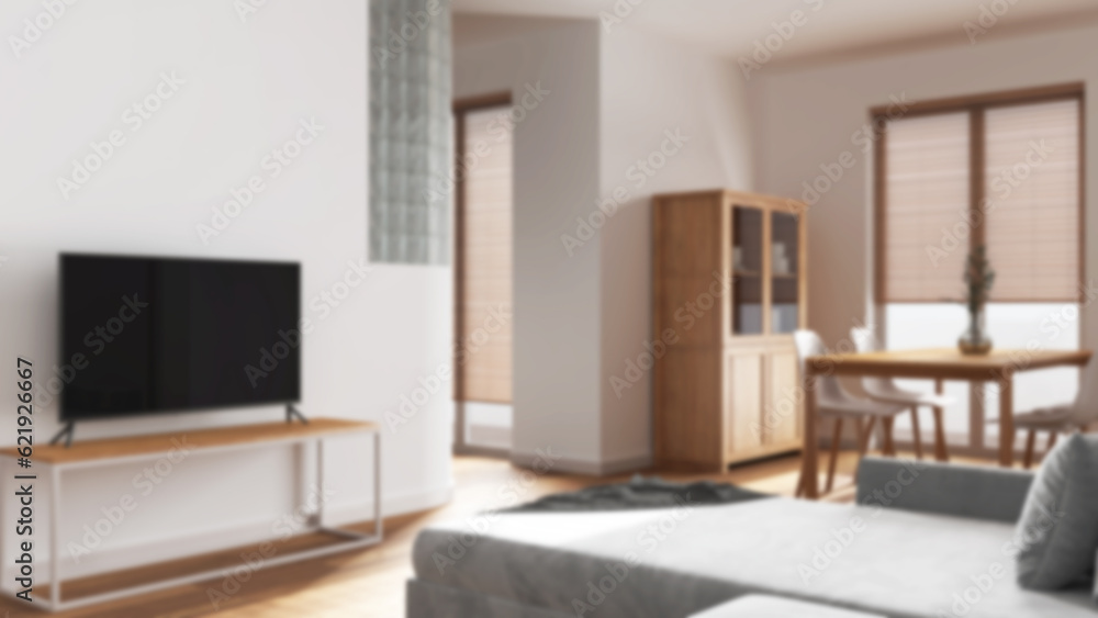 Blurred background, wooden minimal dining and living room. Velvet sofa, table with chairs, glass block wall. Cabinets and tv stand. Japandi interior design