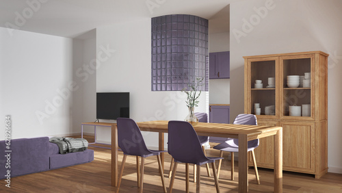Japandi wooden dining and living room in white and purple tones. Table with chairs, glass block wall over kitchen. Cabinets and sofa. Minimal interior design