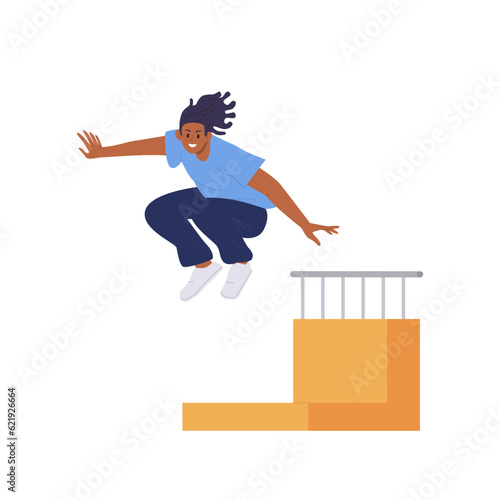 Young teenager cartoon character parkouring jumping over obstacle isolated on white background