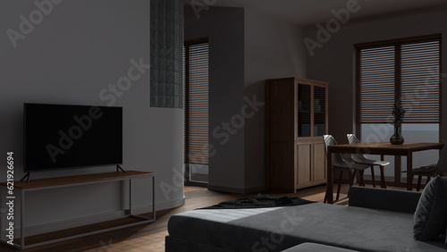 Dark late evening scene  wooden minimal dining and living room. Velvet sofa  table with chairs  glass block wall. Cabinets and tv stand. Japandi interior design
