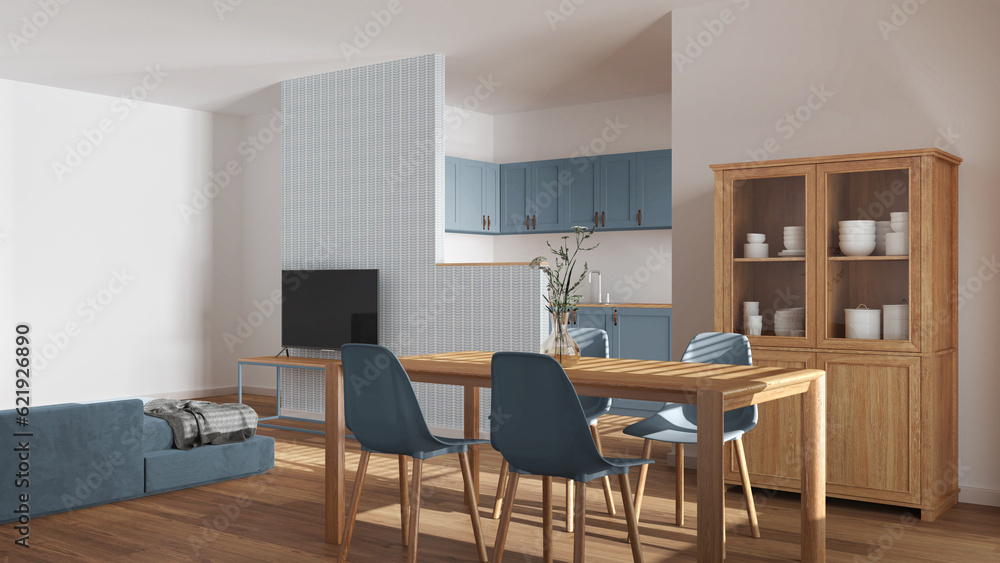 Modern scandinavian dining and living room in white and blue tones. Wooden table with chairs, partition wall over kitchen. Cabinets and sofa. Minimal interior design Modern scandinavian dining and living room in white and blue tones. Wooden table with chairs, partition wall over kitchen. Cabinets and sofa. Minimal interior design