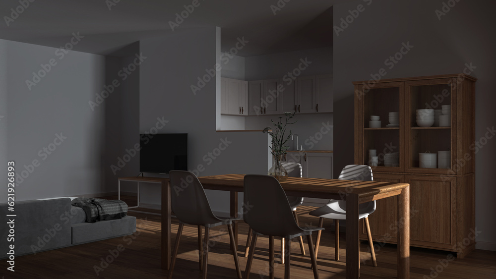 Dark late evening scene, modern scandinavian dining and living room. Wooden table with chairs, partition wall over kitchen. Cabinets and sofa. Minimal interior design