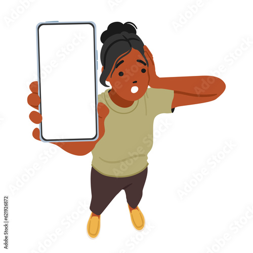 Anxious Black Woman Character Holds Smartphone, Her Face Displaying Shock As She Showing The Screen, Vector Illustration