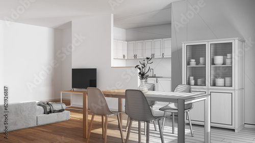 Architect interior designer concept  hand-drawn draft unfinished project that becomes real  dining and living room. Table with chairs  partition wall over kitchen. Minimal style