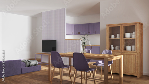 Modern scandinavian dining and living room in white and purple tones. Wooden table with chairs  partition wall over kitchen. Cabinets and sofa. Minimal interior design