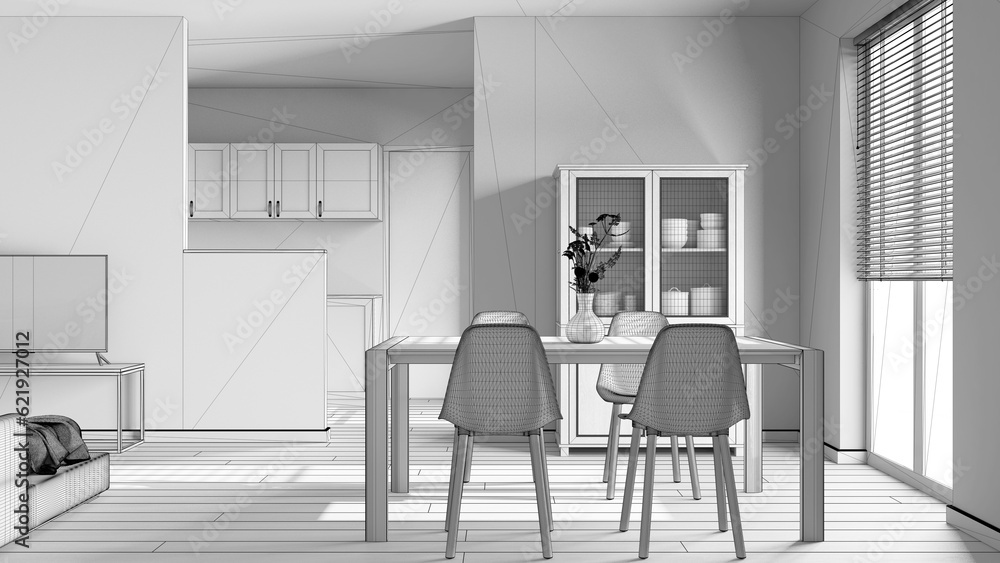 Blueprint unfinished project draft, minimal dining and living room. Wooden table with chairs, partition wall over japandi kitchen. Scandinavian modern interior design