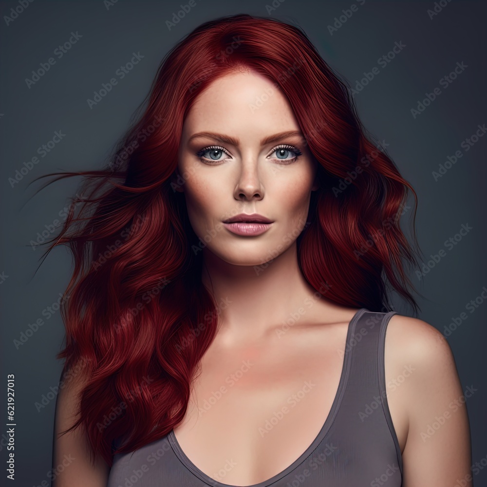 Fototapeta premium Gorgeous redhead woman with amazing hair. Great for articles about beauty, hair fashion, salon, cosmetics, skin care, hair care, hair products, fashion, trends, grooming etc.