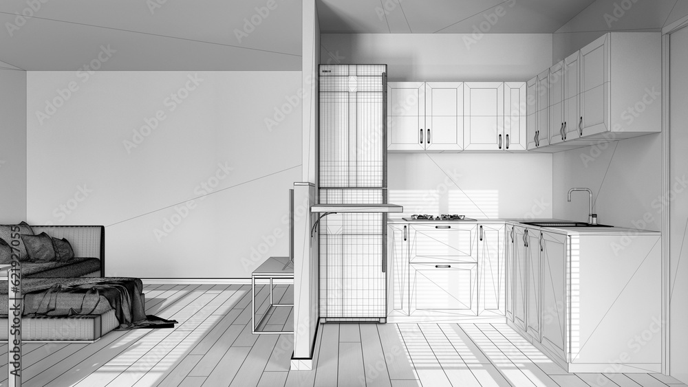 Blueprint unfinished project draft, modern scandinavian kitchen and living room. Partition wall over cabinets and appliances. Sofa and parquet floor. Minimal wooden interior design Blueprint unfinished project draft, modern scandinavian kitchen and living room. Partition wall over cabinets and appliances. Sofa and parquet floor. Minimal wooden interior design