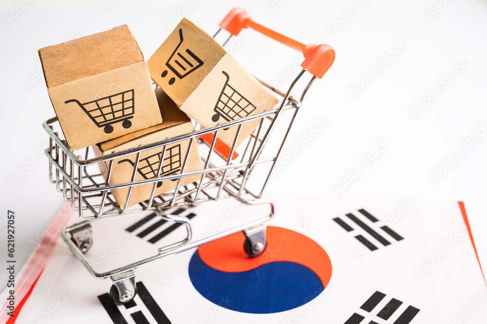 Box with shopping online cart logo and Korea flag, Import Export Shopping online or commerce finance delivery service store product shipping, trade, supplier concept.