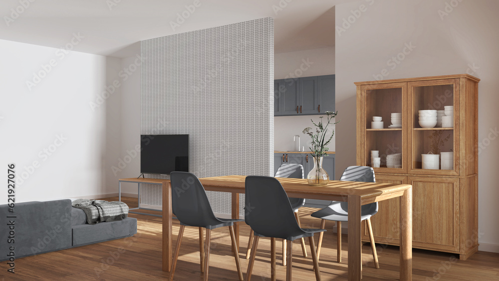 Scandinavian wooden dining and living room in white and gray tones. Table with chairs, partition wall over kitchen. Cabinets and decors. Minimal interior design Scandinavian wooden dining and living room in white and gray tones. Table with chairs, partition wall over kitchen. Cabinets and decors. Minimal interior design