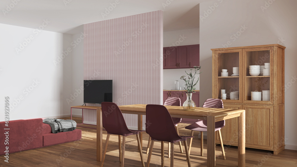 Scandinavian wooden dining and living room in white and red tones. Table with chairs, partition wall over kitchen. Cabinets and decors. Minimal interior design Scandinavian wooden dining and living room in white and red tones. Table with chairs, partition wall over kitchen. Cabinets and decors. Minimal interior design