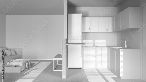 Total white project draft, modern scandinavian kitchen and living room. Partition wall over cabinets and appliances. Sofa and parquet floor. Minimal wooden interior design