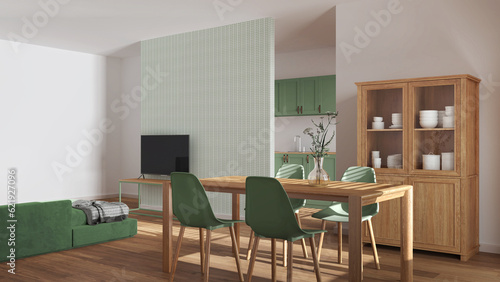 Wallpaper Mural Scandinavian wooden dining and living room in white and green tones. Table with chairs, partition wall over kitchen. Cabinets and decors. Minimal interior design Torontodigital.ca