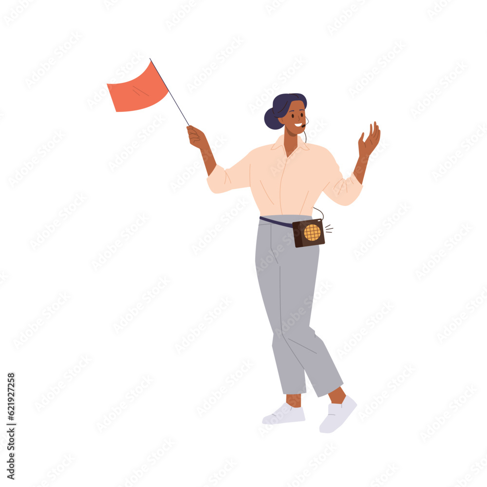 Friendly smiling tour guide woman cartoon character holding red flag isolated on white background Friendly smiling tour guide woman cartoon character holding red flag isolated on white background