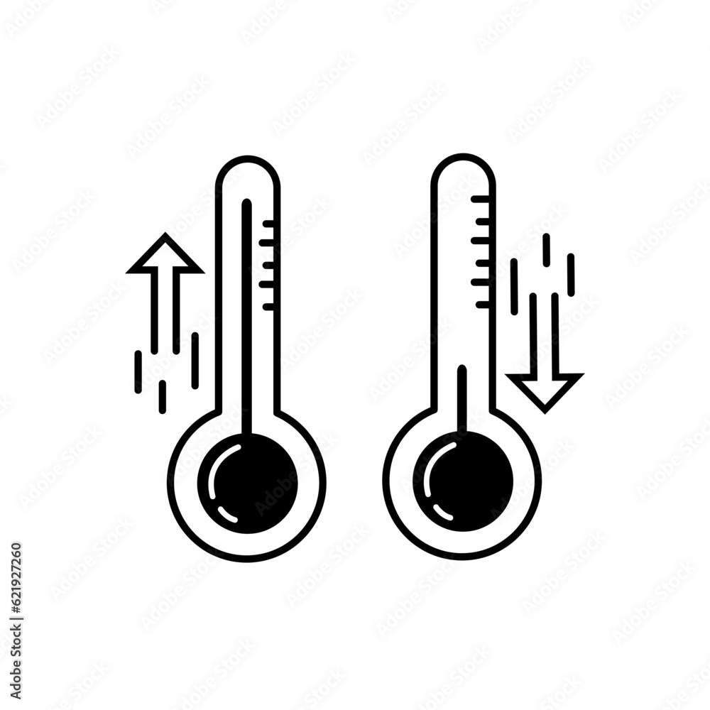 Thermometers icons. Celsius and fahrenheit meteorology thermometers measuring heat and cold. Vector illustration of thermometers in a linear style. Arrows up and down Thermometers icons. Celsius and fahrenheit meteorology thermometers measuring heat and cold. Vector illustration of thermometers in a linear style. Arrows up and down