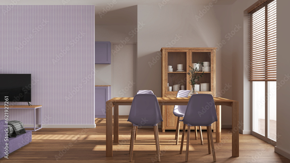Minimal dining and living room in white and purple tones. Wooden table with chairs, partition wall with wallpaper over contemporary kitchen. Japandi modern interior design Minimal dining and living room in white and purple tones. Wooden table with chairs, partition wall with wallpaper over contemporary kitchen. Japandi modern interior design