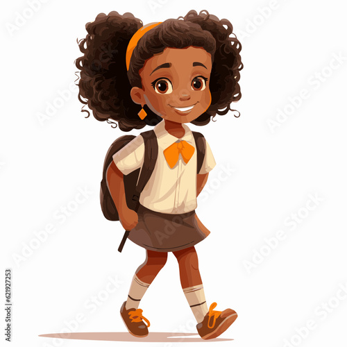 simple cartoon clipart black african american girl student child going to school white background
