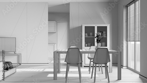 Blueprint unfinished project draft  minimal dining and living room. Wooden table with chairs  partition wall over contemporary kitchen. Japandi modern interior design