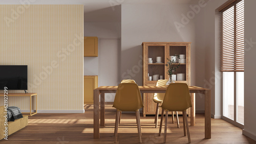 Minimal dining and living room in white and yellow tones. Wooden table with chairs  partition wall with wallpaper over contemporary kitchen. Japandi modern interior design
