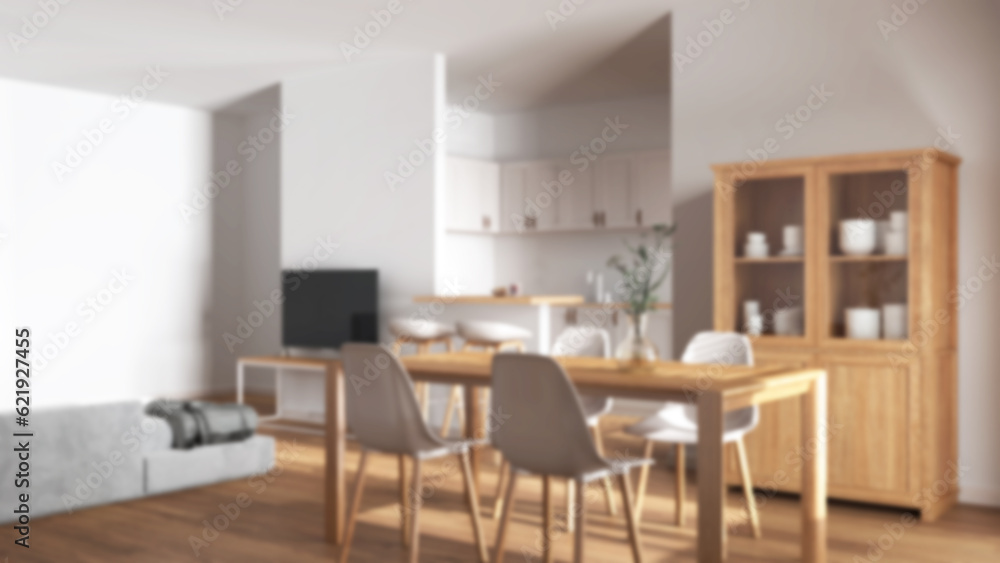 Blurred background, modern scandinavian dining and living room. Wooden table with chairs, island with stools. Partition wall over kitchen. Minimal interior design Blurred background, modern scandinavian dining and living room. Wooden table with chairs, island with stools. Partition wall over kitchen. Minimal interior design