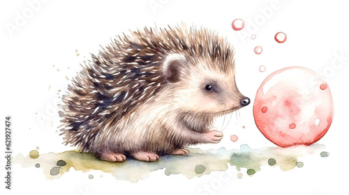 Cute baby hedgehog cartoon in watercolor painting style, generative AI.
