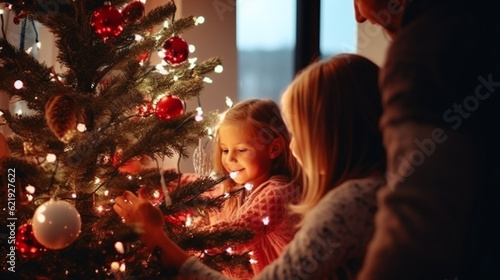 Young Children with Parent at Christmas Tree, balls, lights, Family Time