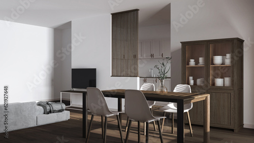 Japandi dark wooden dining and living room in white tones. Table with chairs  partition wall over scandinavian kitchen. Cabinets and decors. Minimal interior design