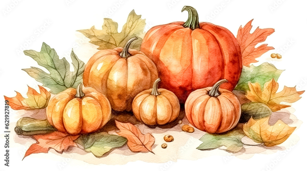 Pumpkins and autumn leaves painted with watercolors, generative AI.