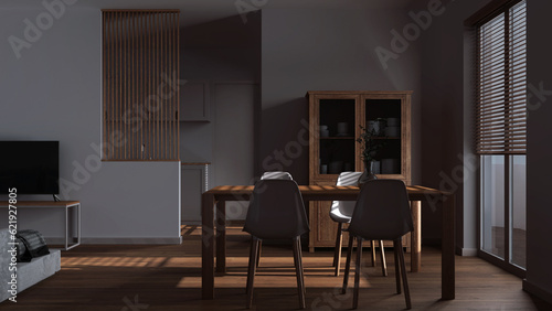 Dark late evening scene, scandinavian wooden dining and living room. Table with chairs, partition wall over scandinavian kitchen. Parquet and decors. Minimal interior design