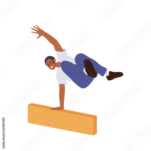 Young man cartoon character jumping over wall barrier on street, male free runner training outdoors