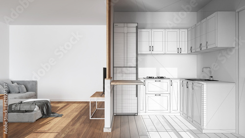 Architect interior designer concept: hand-drawn draft unfinished project that becomes real, modern kitchen and living room. Partition wall, cabinets and shelf. Minimal style