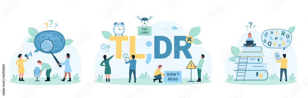 Bad communication set vector illustration. Cartoon tiny people standing at TLDR abbreviation, holding microphone, megaphone and magnifying glass to research and understand jargon words and slang Bad communication set vector illustration. Cartoon tiny people standing at TLDR abbreviation, holding microphone, megaphone and magnifying glass to research and understand jargon words and slang