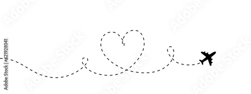 Plane with line heart shape and blank for text. Continuous one line drawing illustration