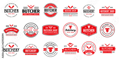 Vintage butchery logo templates collection. Butchery logo ornament logo vector design elements set. Emblem of Butcher meat shop set photo