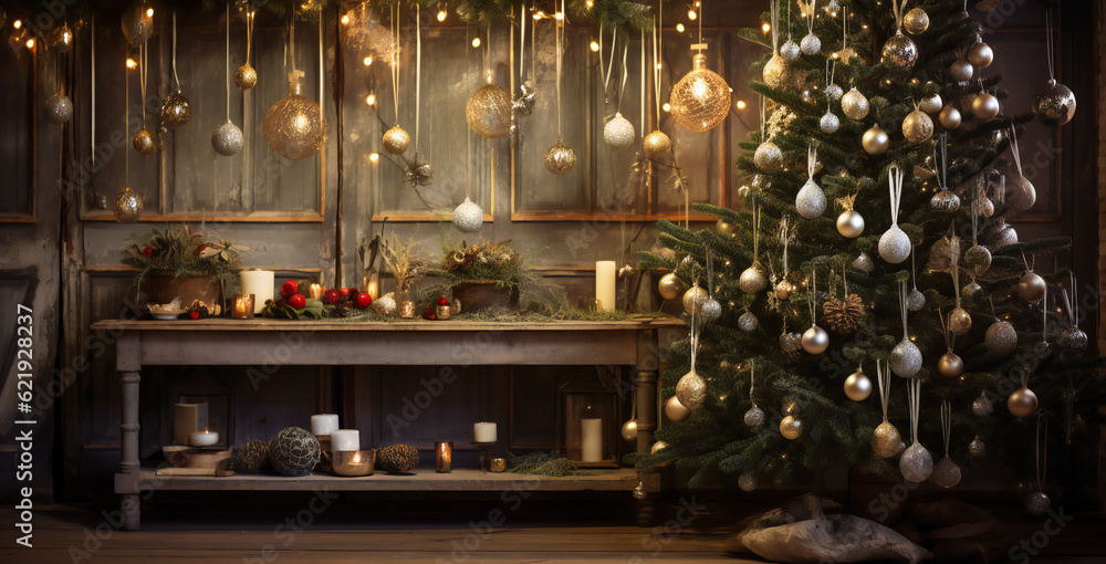 Beautiful Christmas Background with Tree, Lights, Balls, indoor, warm, wood